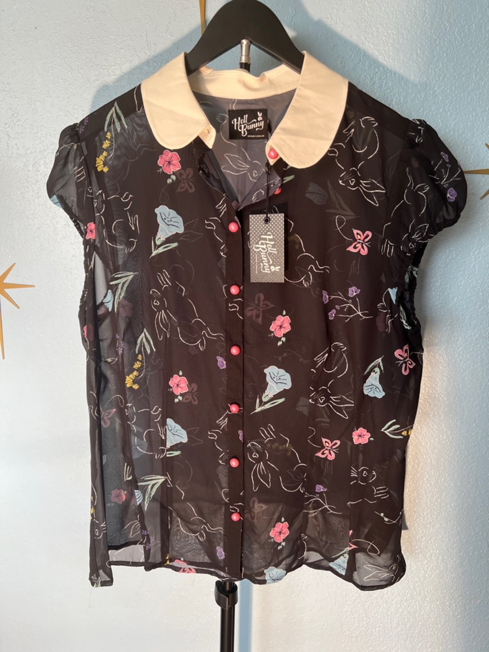 Hell Bunny Black Floral Blouse with Cream Peter Pan Collar